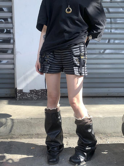 ang project Y2K Low Waist Flap Pocket Pleated Trousers In Black Gray Stripe