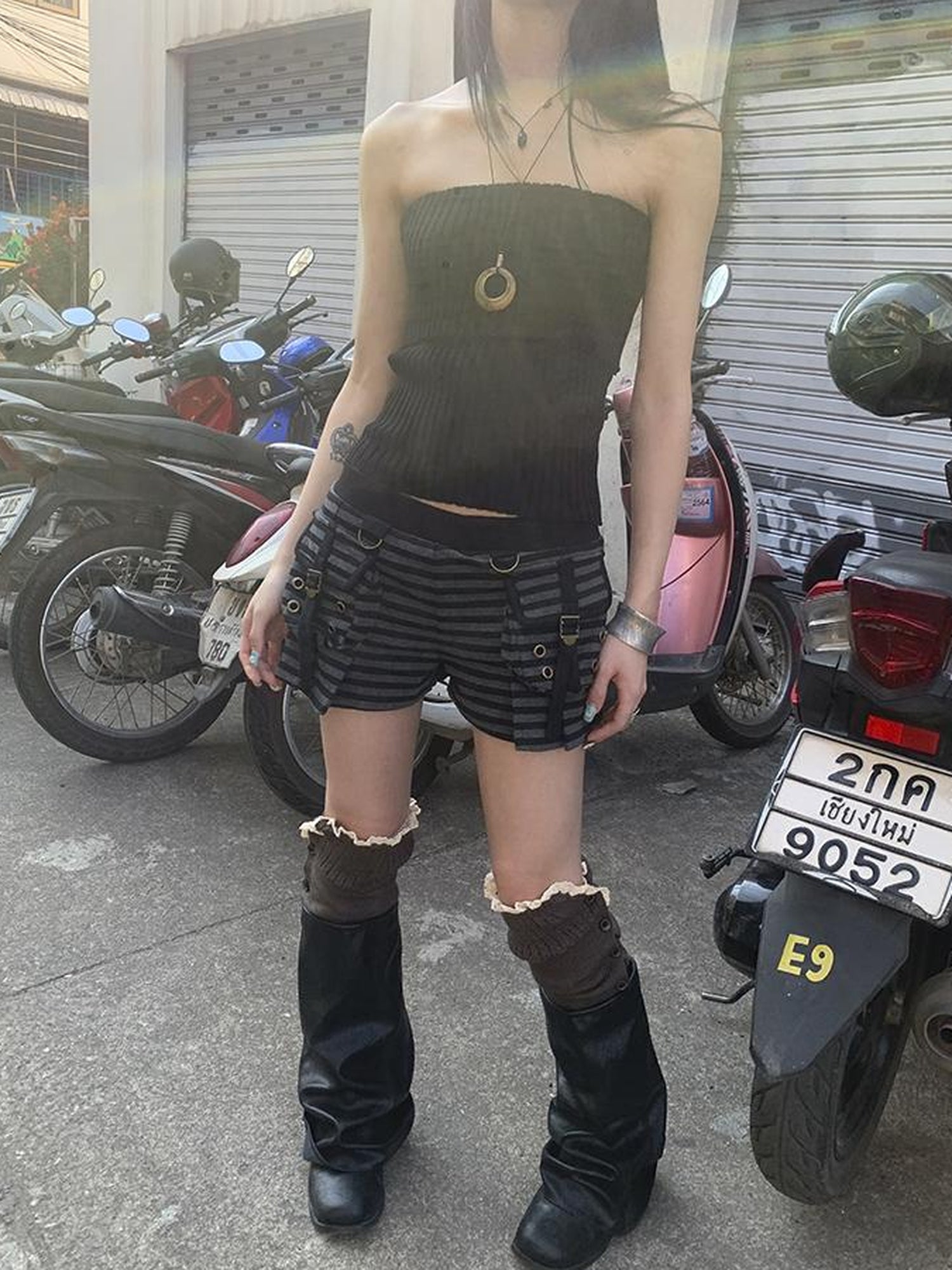 ang project Y2K Low Waist Flap Pocket Pleated Trousers In Black Gray Stripe