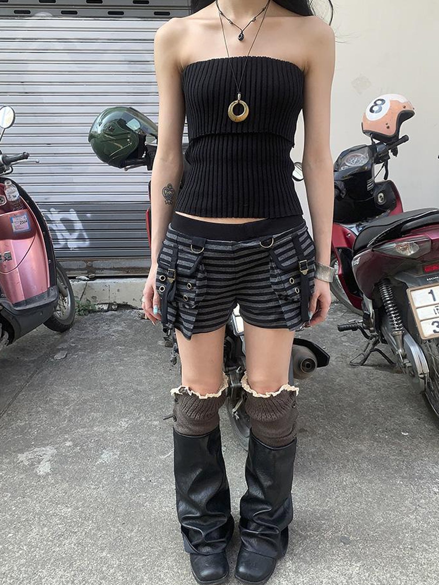 ang project Y2K Low Waist Flap Pocket Pleated Trousers In Black Gray Stripe
