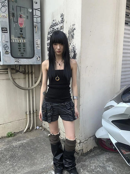 Y2K Low Waist Flap Pocket Pleated Trousers In Black Gray Stripe