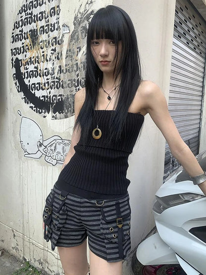 Y2K Low Waist Flap Pocket Pleated Trousers In Black Gray Stripe