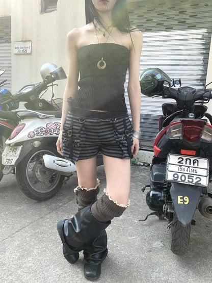 Y2K Low Waist Flap Pocket Pleated Trousers In Black Gray Stripe