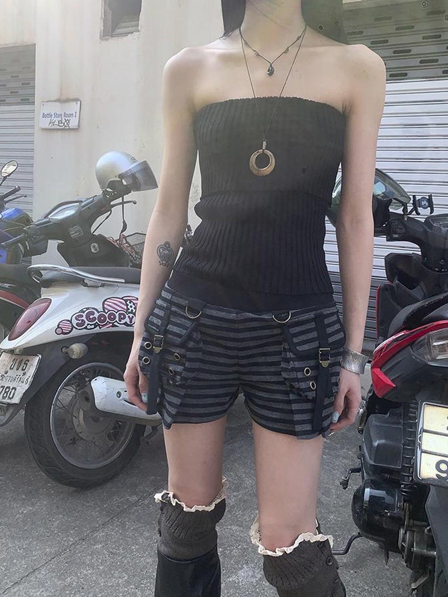 ang project Y2K Low Waist Flap Pocket Pleated Trousers In Black Gray Stripe