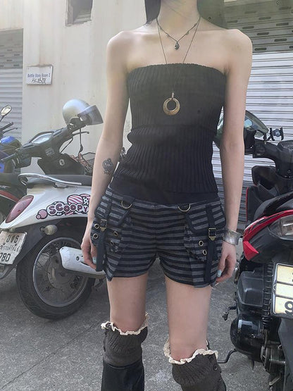 ang project Y2K Low Waist Flap Pocket Pleated Trousers In Black Gray Stripe