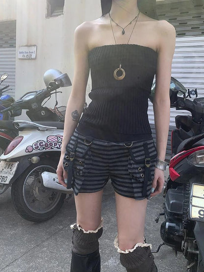 Y2K Low Waist Flap Pocket Pleated Trousers In Black Gray Stripe