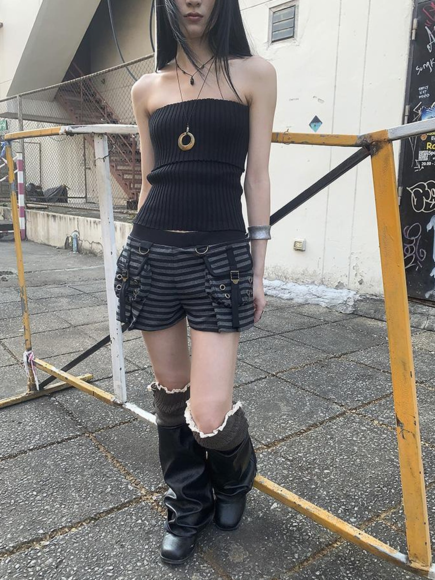 ang project Y2K Low Waist Flap Pocket Pleated Trousers In Black Gray Stripe