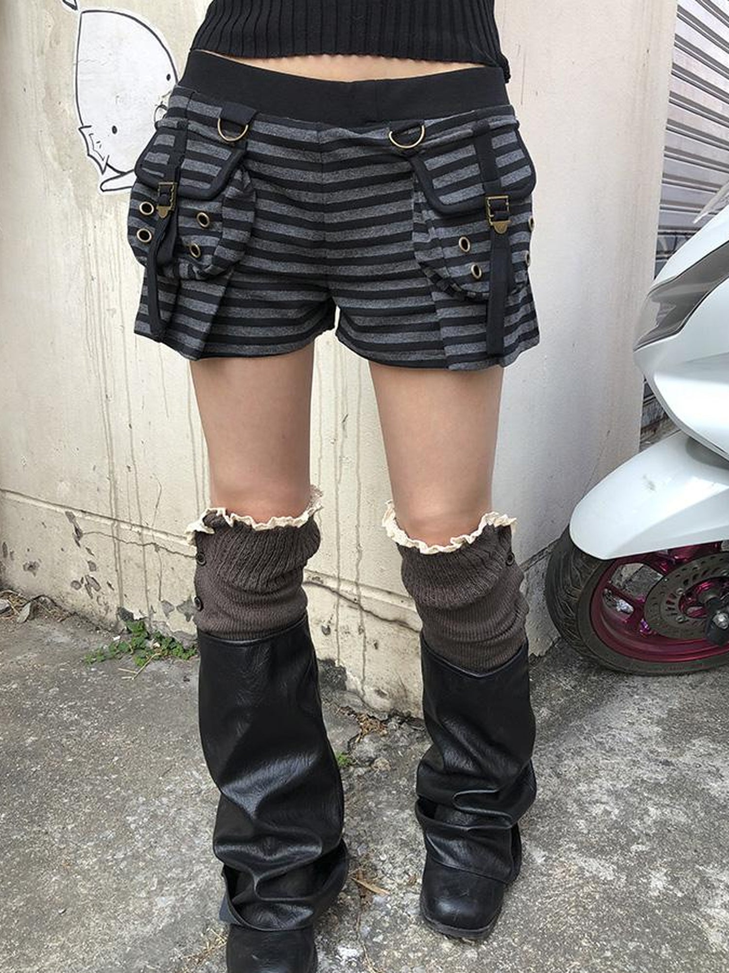 ang project Y2K Low Waist Flap Pocket Pleated Trousers In Black Gray Stripe