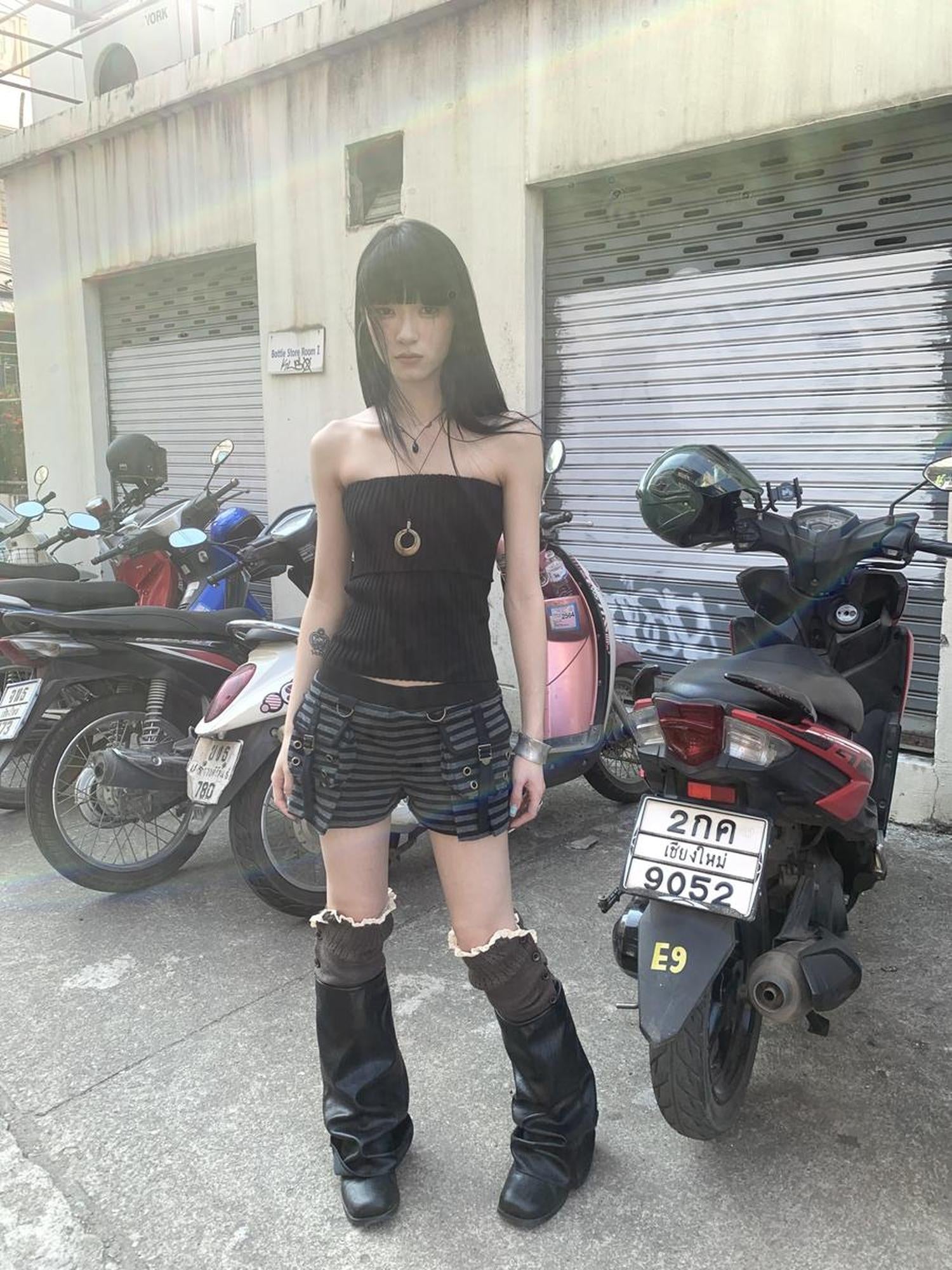 ang project Y2K Low Waist Flap Pocket Pleated Trousers In Black Gray Stripe