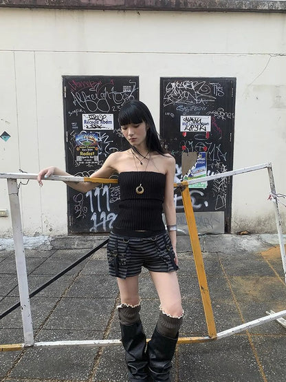 Y2K Low Waist Flap Pocket Pleated Trousers In Black Gray Stripe