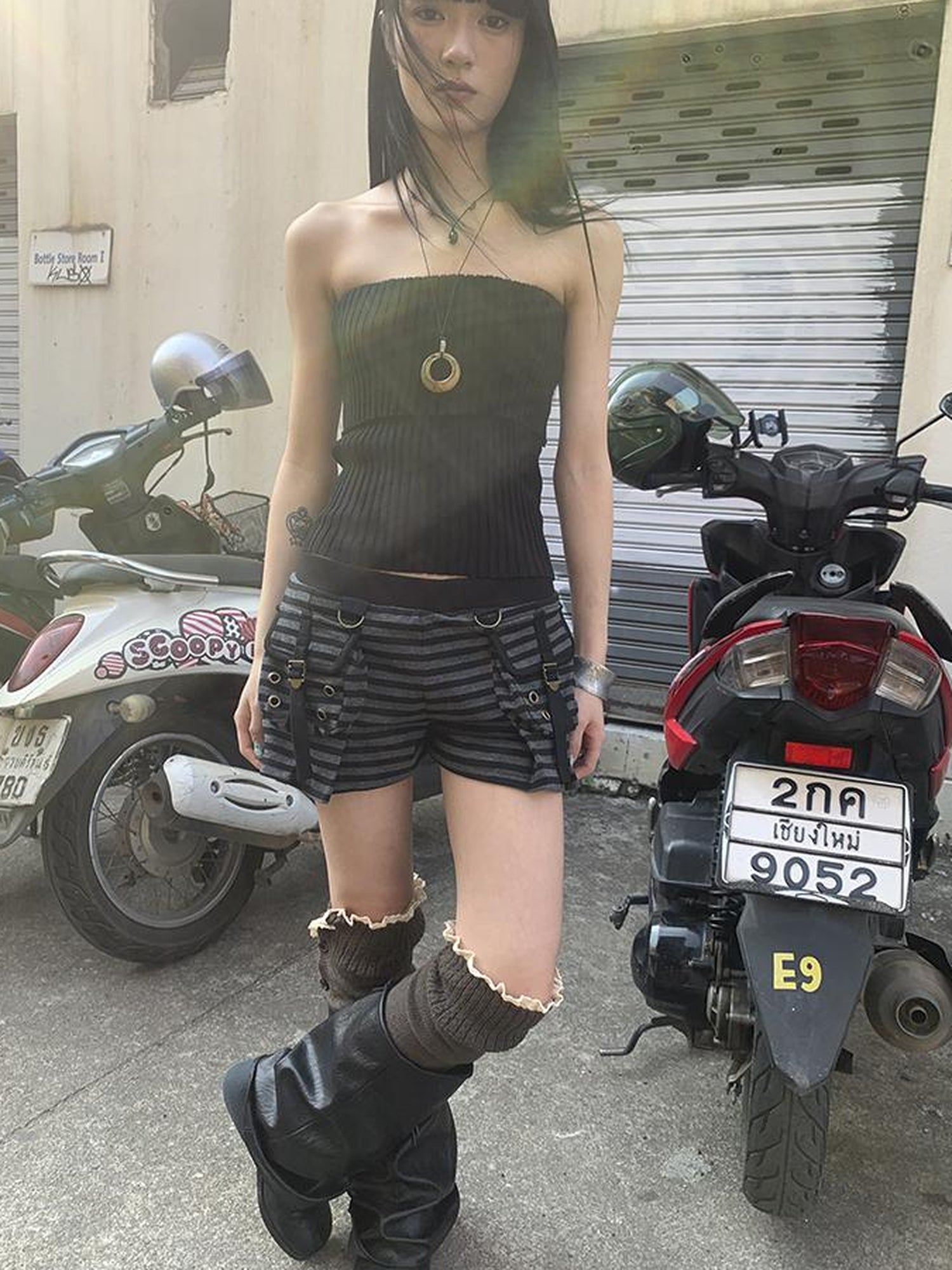 ang project Y2K Low Waist Flap Pocket Pleated Trousers In Black Gray Stripe
