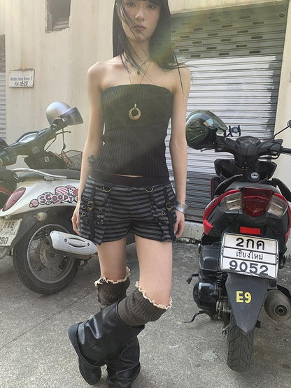 ang project Y2K Low Waist Flap Pocket Pleated Trousers In Black Gray Stripe