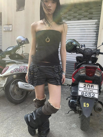 Y2K Low Waist Flap Pocket Pleated Trousers In Black Gray Stripe