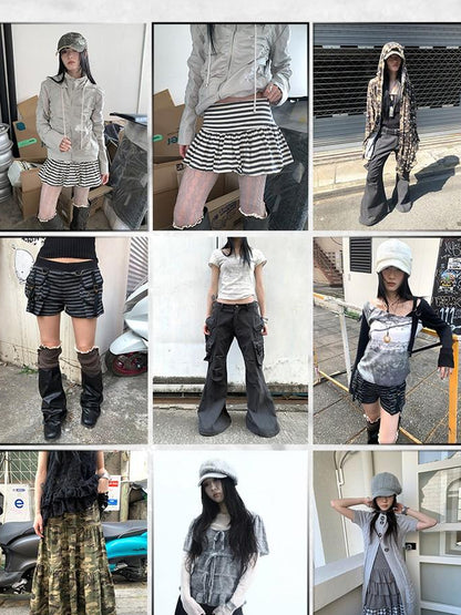 ang project Y2K Low Waist Flap Pocket Pleated Trousers In Black Gray Stripe