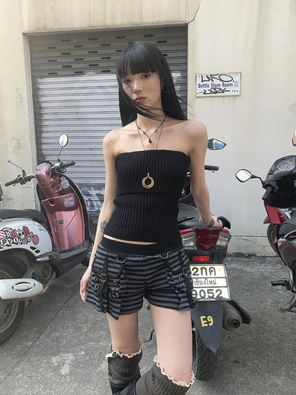 Y2K Low Waist Flap Pocket Pleated Trousers In Black Gray Stripe