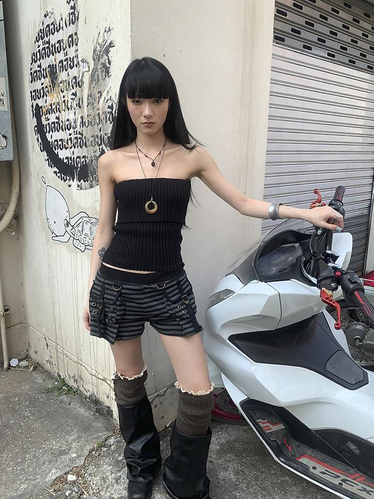ang project Y2K Low Waist Flap Pocket Pleated Trousers In Black Gray Stripe