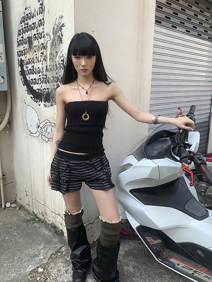 Y2K Low Waist Flap Pocket Pleated Trousers In Black Gray Stripe