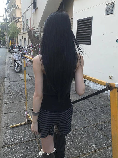 Y2K Low Waist Flap Pocket Pleated Trousers In Black Gray Stripe