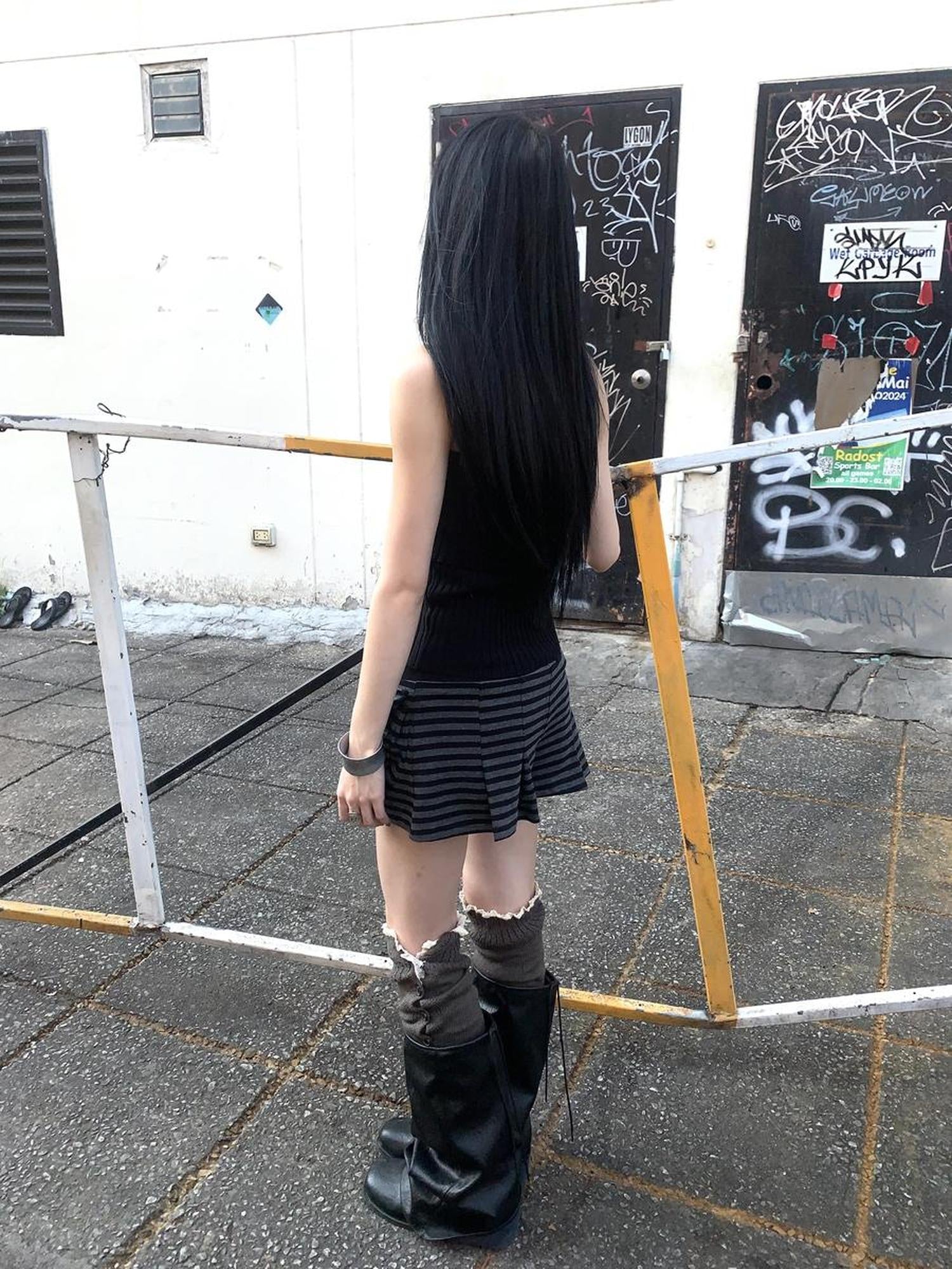 ang project Y2K Low Waist Flap Pocket Pleated Trousers In Black Gray Stripe