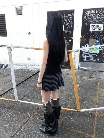 Y2K Low Waist Flap Pocket Pleated Trousers In Black Gray Stripe