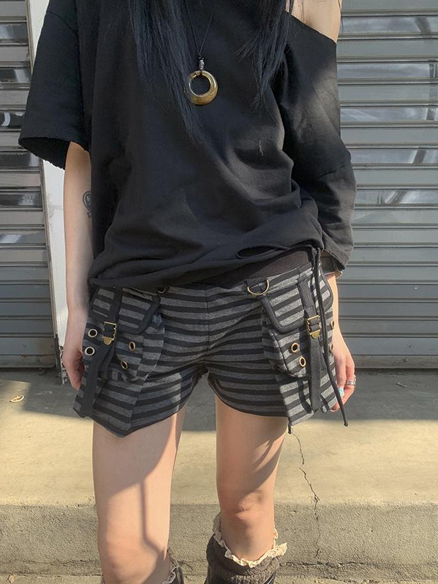ang project Y2K Low Waist Flap Pocket Pleated Trousers In Black Gray Stripe