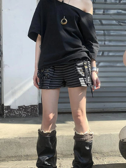 Y2K Low Waist Flap Pocket Pleated Trousers In Black Gray Stripe