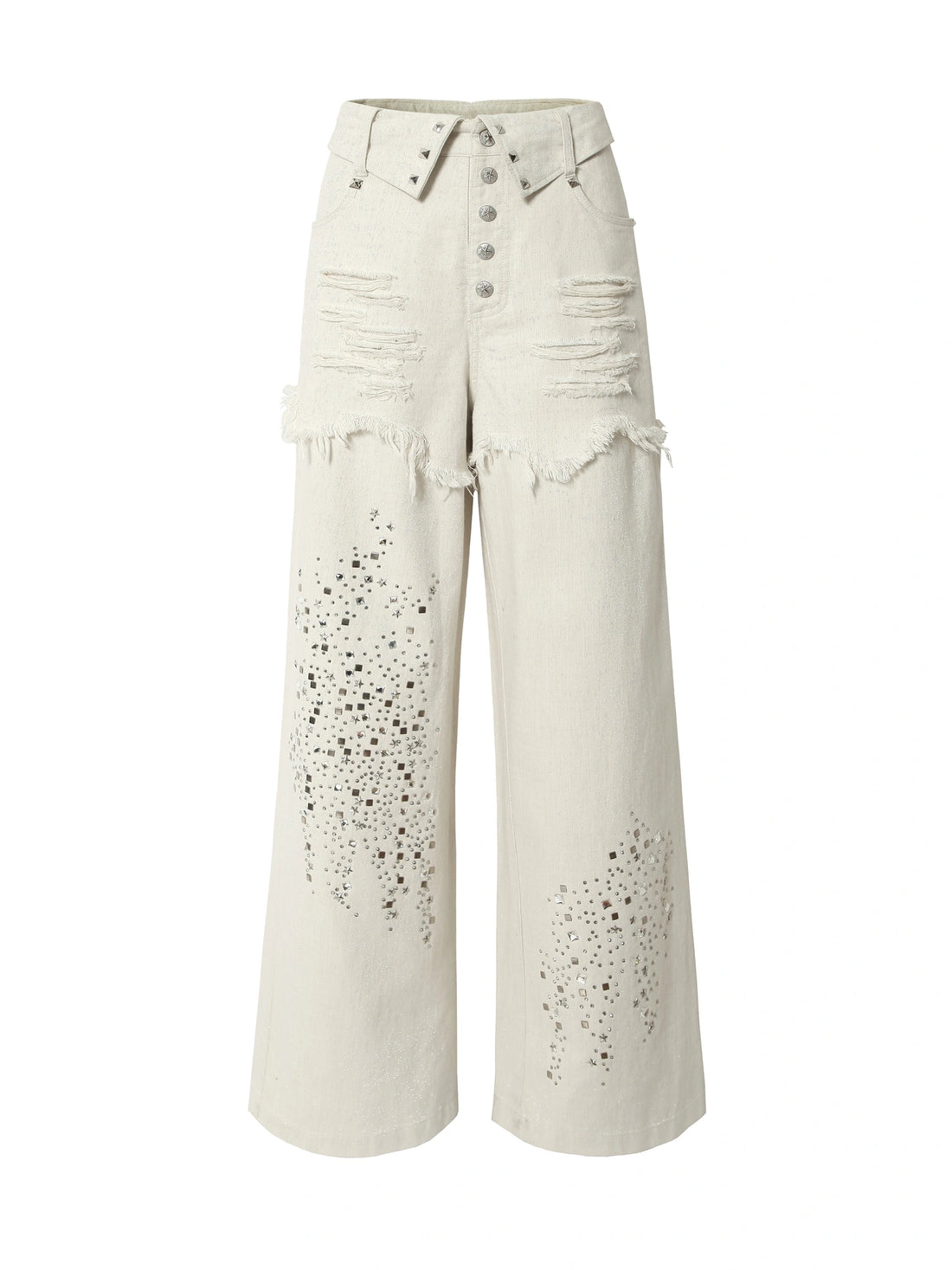 Punk Distressed Washed Silver Jeans Wide Leg Pants