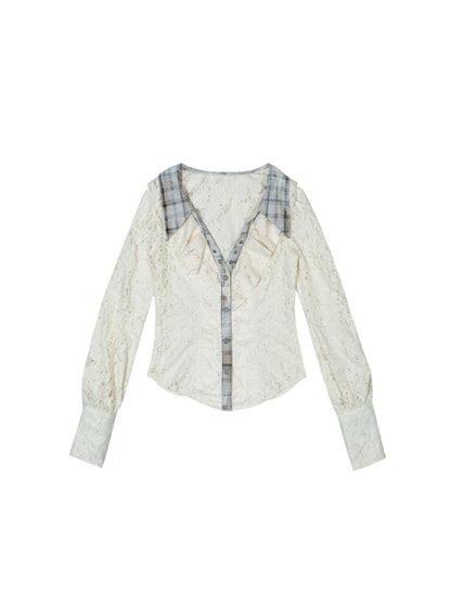ARIADNAw Lace Trim Double Layer Neck Hollow Out Punk Romantic Vintage Blouse