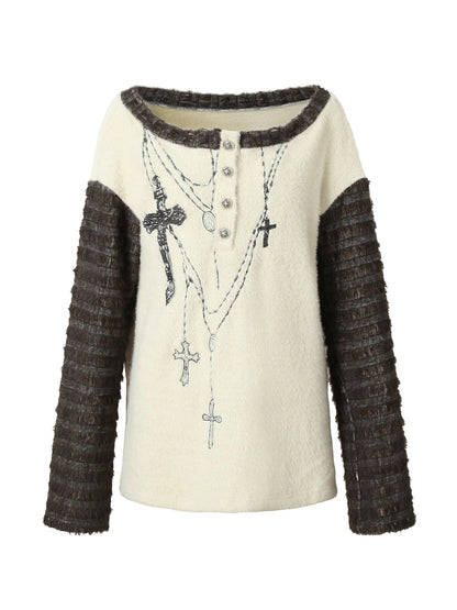 Vintage Loose Knit Embroidered Striped Turtleneck T-Shirt Sweaters