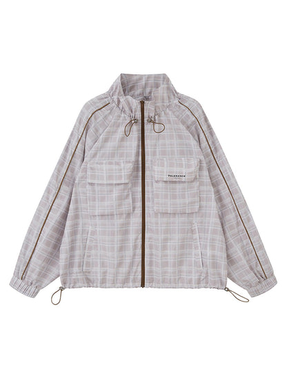 DIDDI MODA Lightweight Checkered Print Sunshade Jacket With 3D Pockets