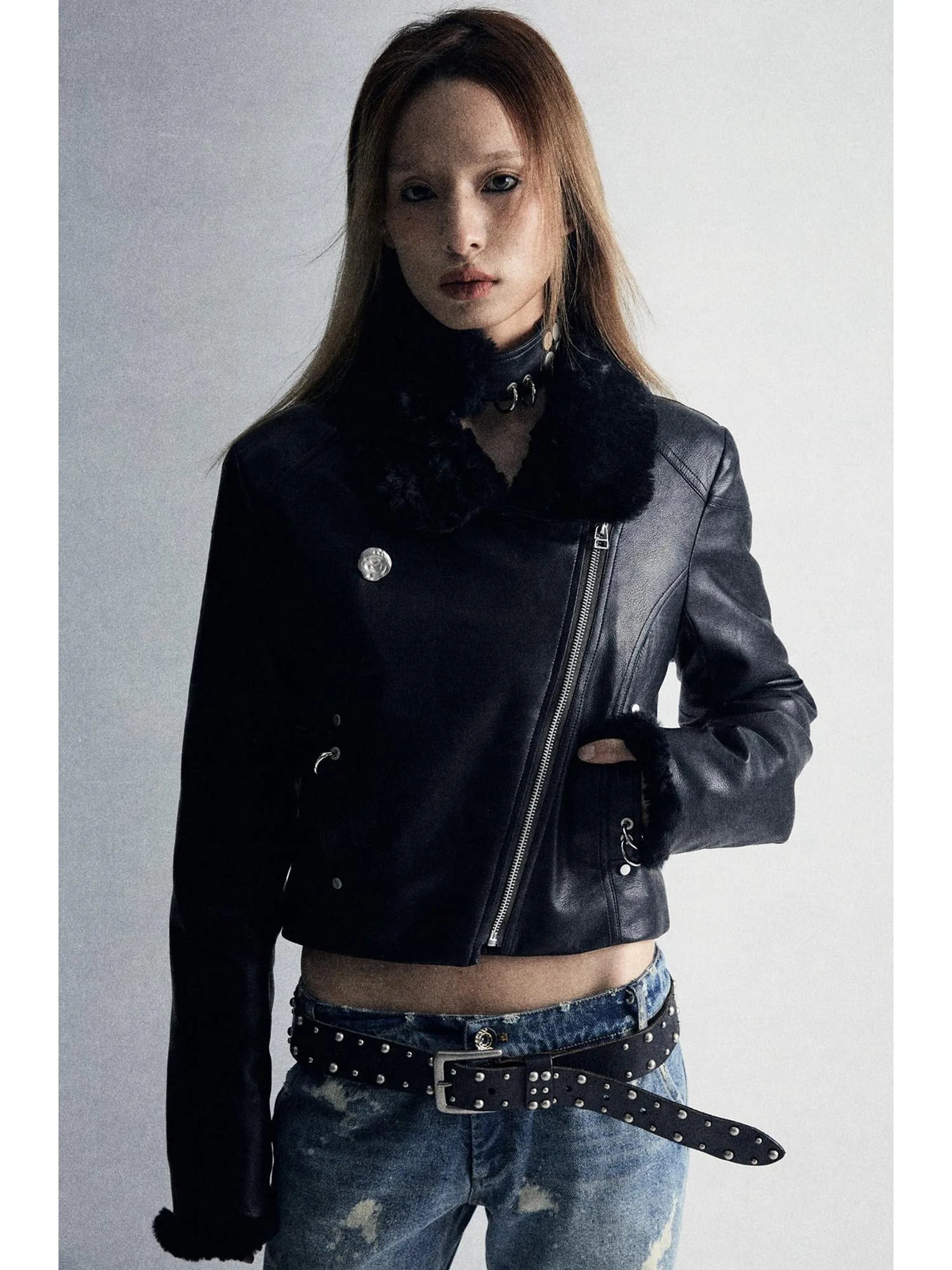 Durable Two Tone Perforated Leather Jacket With Detachable Fur Collar