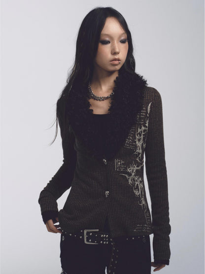 NONAME SPACE Floral Print Fur Collar Ribbed Knit Cardigan Military Green