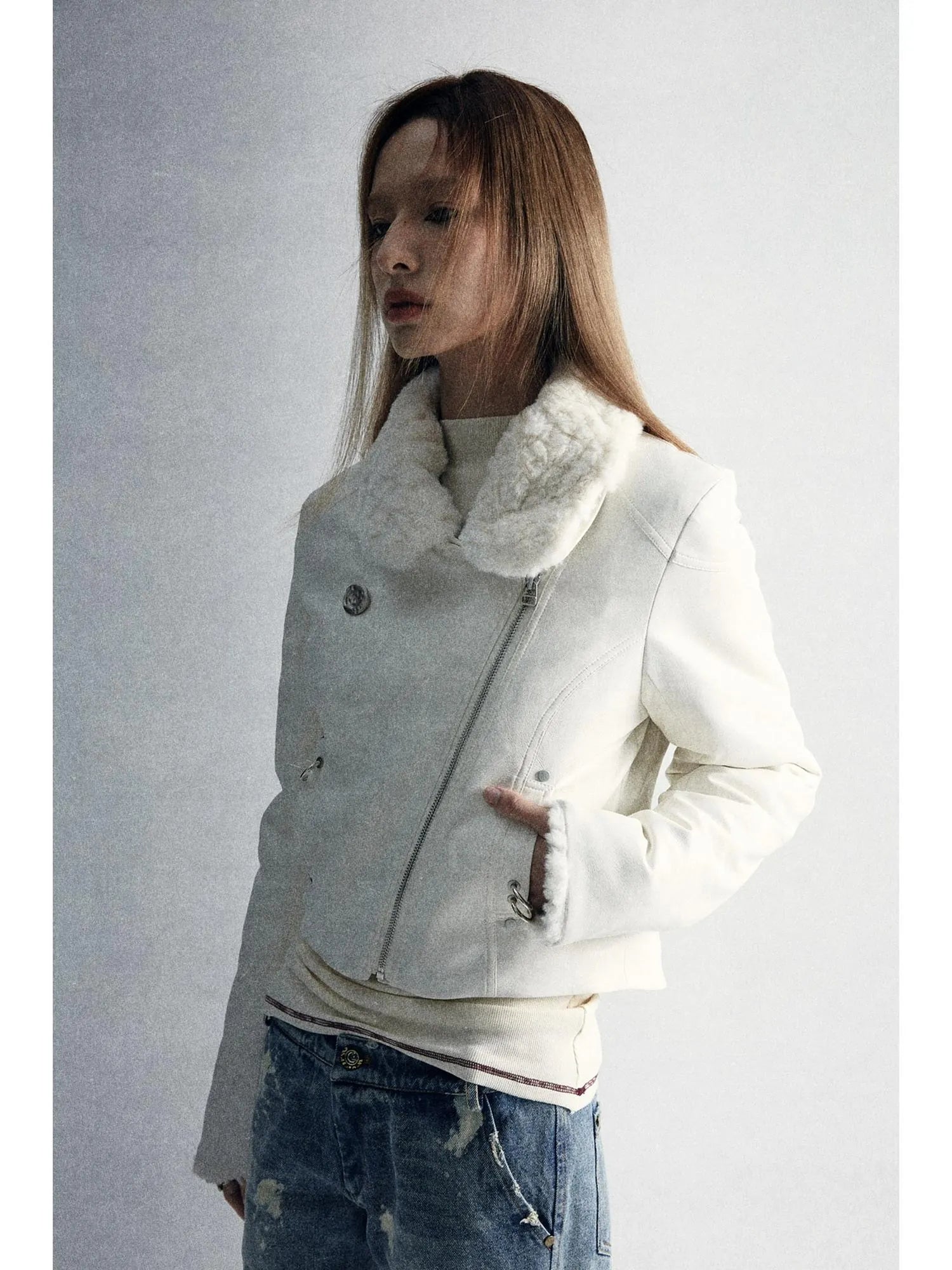 Durable Two Tone Perforated Leather Jacket With Detachable Fur Collar