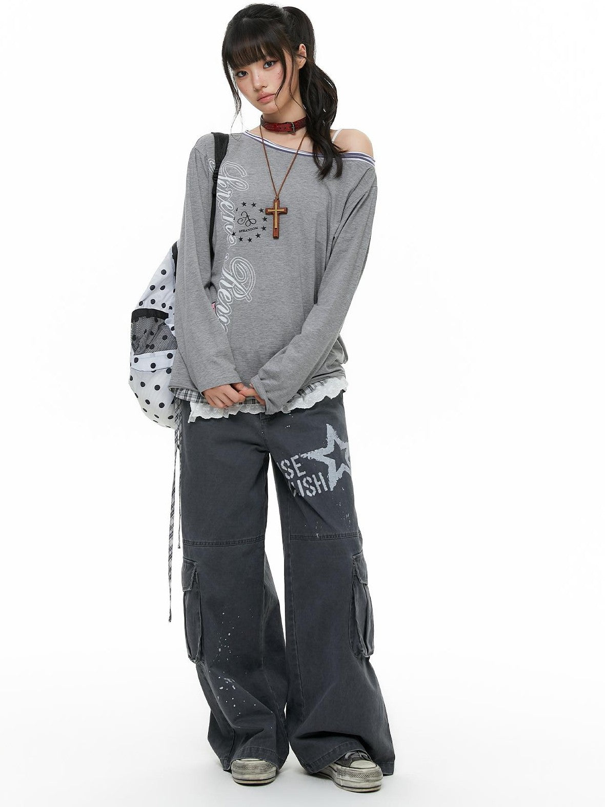atrandom Asymmetrical Spliced Contrast Text Print Women&