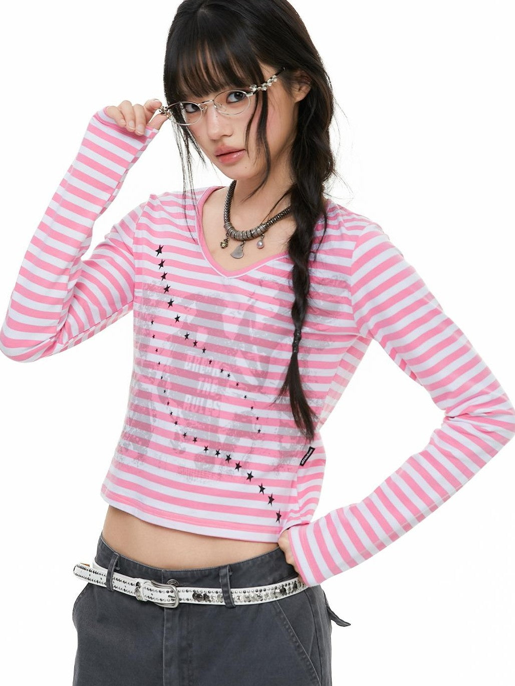 atrandom Band Print Star Contrast Stripe Women&