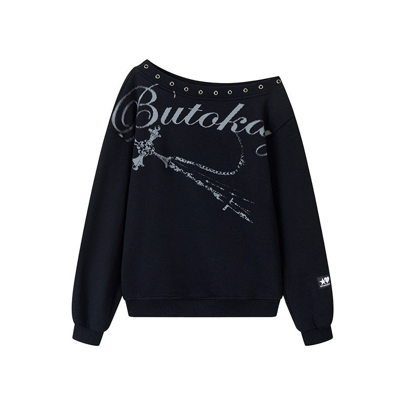atrandom_Black_Asymmetric_Dropped_Shoulder_Eyelet_Text_Print_Women&
