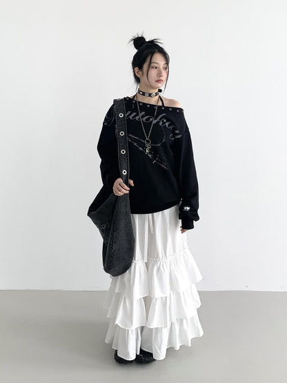 atrandom Black Asymmetric Dropped Shoulder Eyelet Text Print Women&