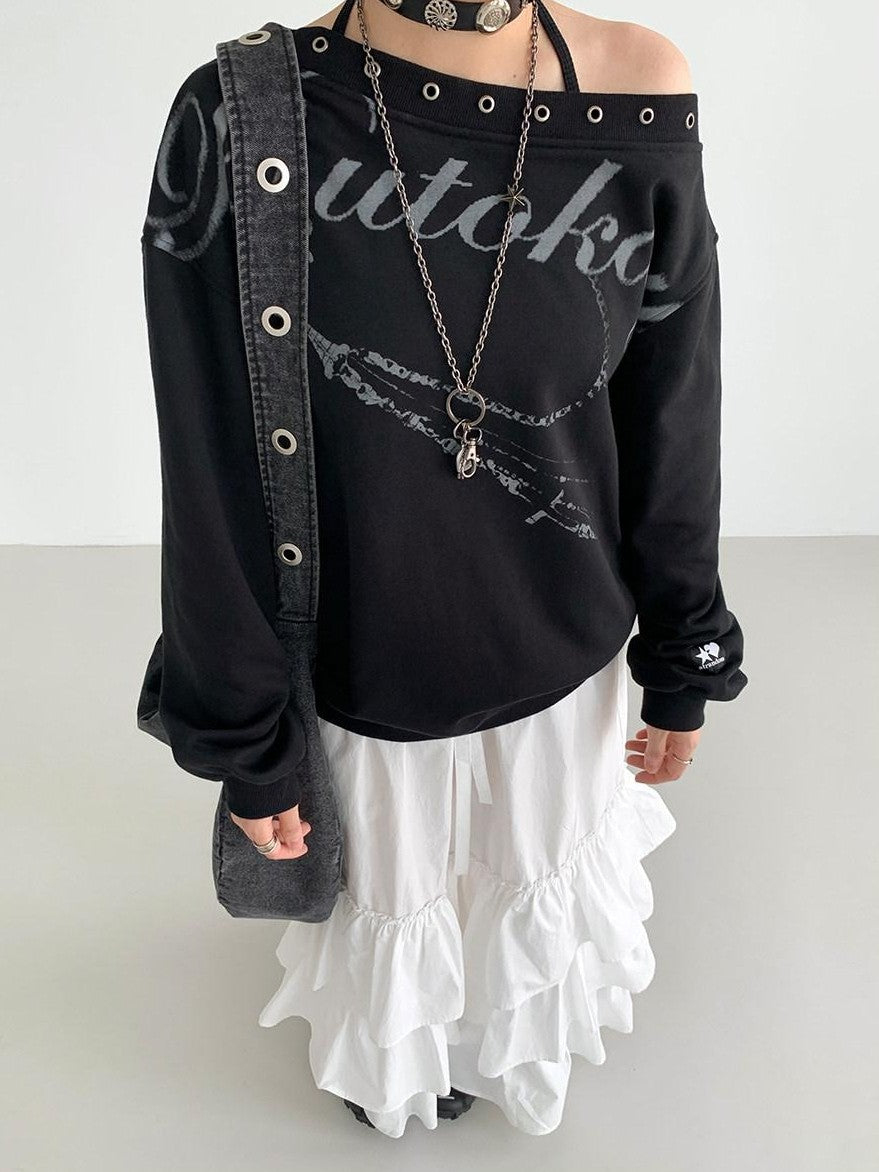 atrandom Black Asymmetric Dropped Shoulder Eyelet Text Print Women&