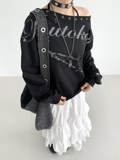 atrandom Black Asymmetric Dropped Shoulder Eyelet Text Print Women&