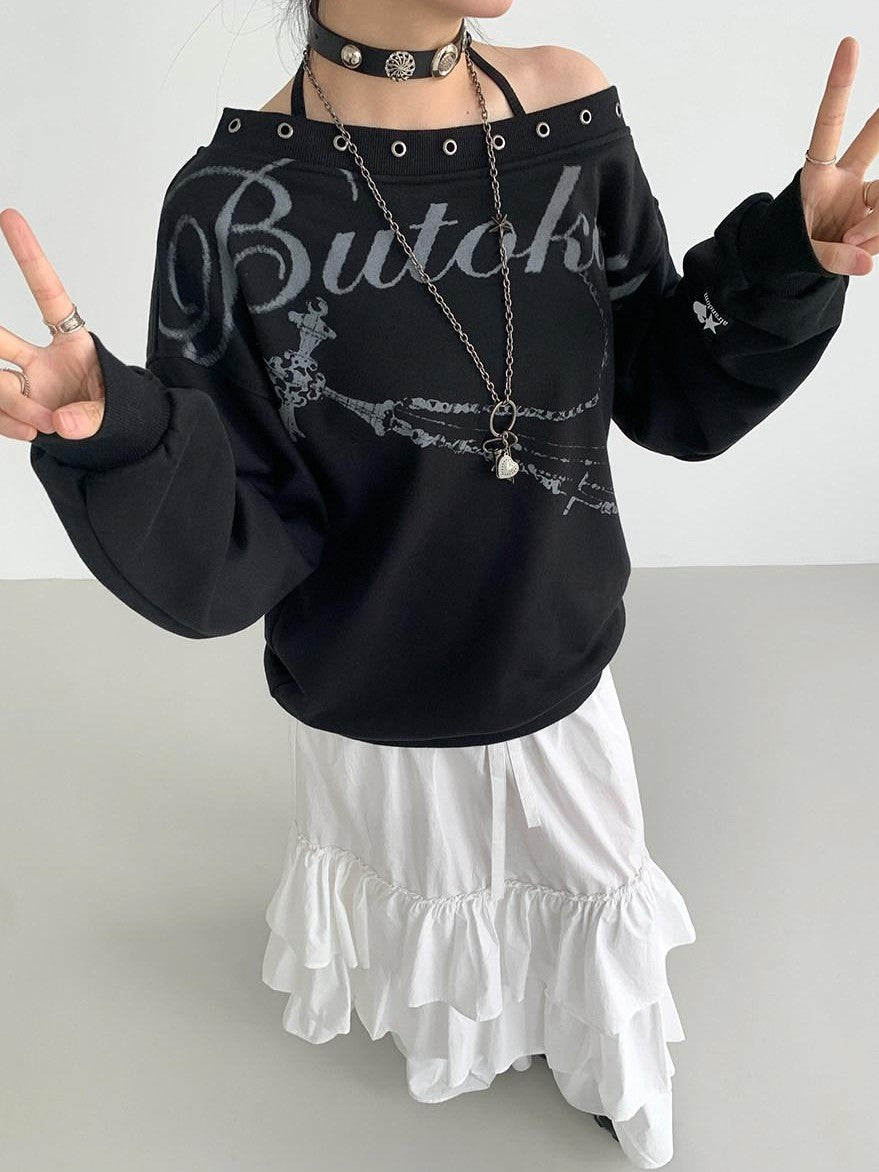 atrandom Black Asymmetric Dropped Shoulder Eyelet Text Print Women&