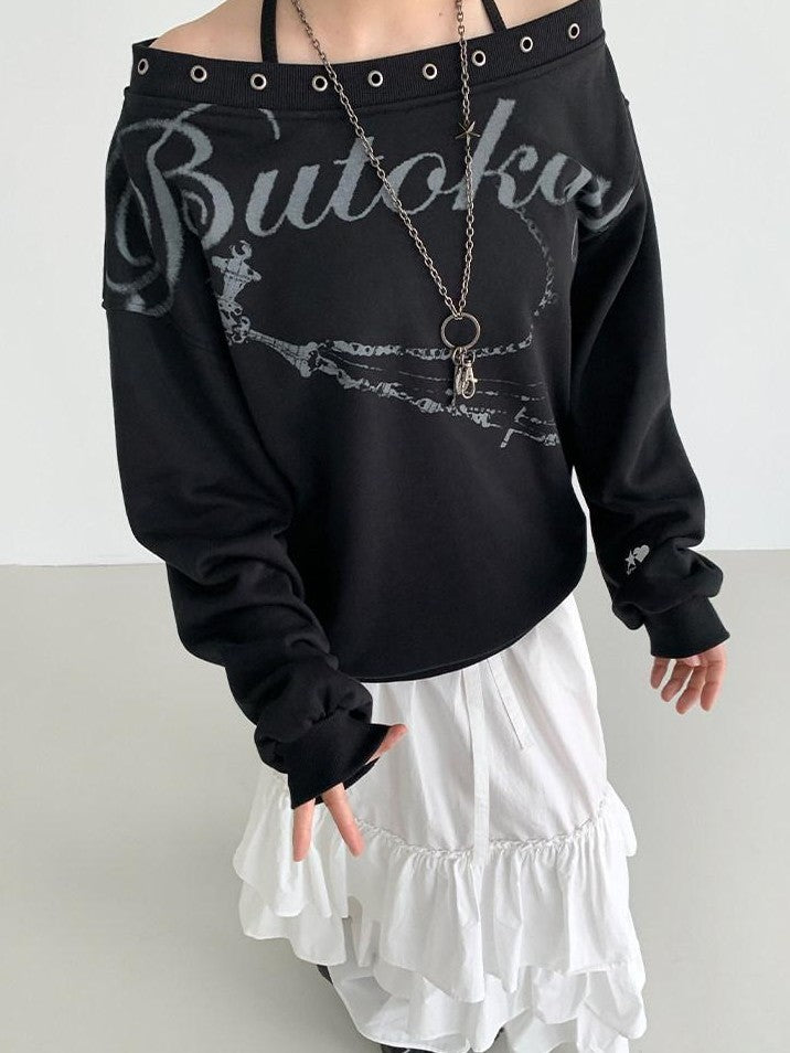 atrandom Black Asymmetric Dropped Shoulder Eyelet Text Print Women&