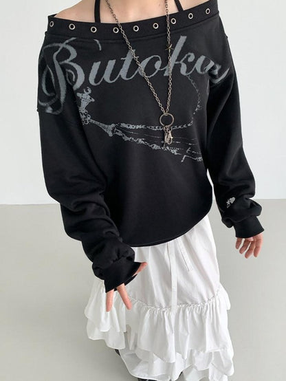 atrandom Black Asymmetric Dropped Shoulder Eyelet Text Print Women&