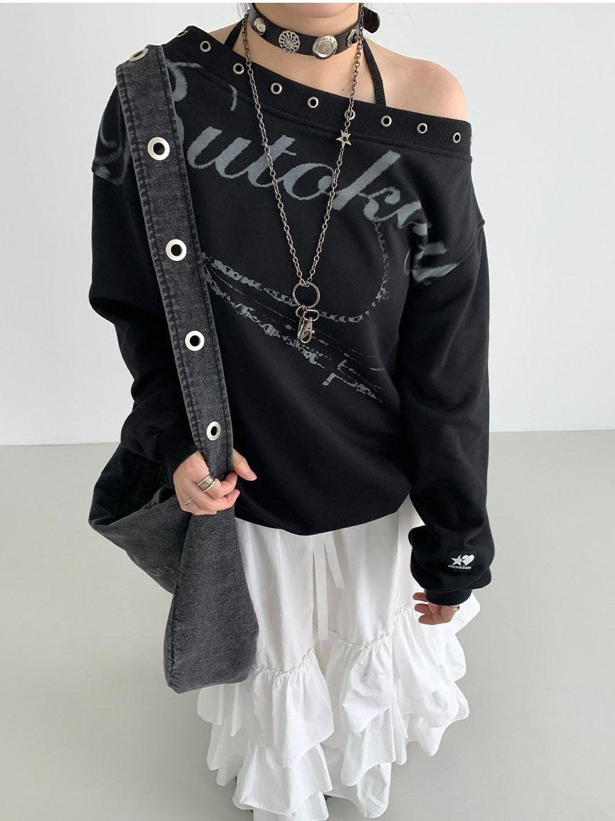 atrandom Black Asymmetric Dropped Shoulder Eyelet Text Print Women&