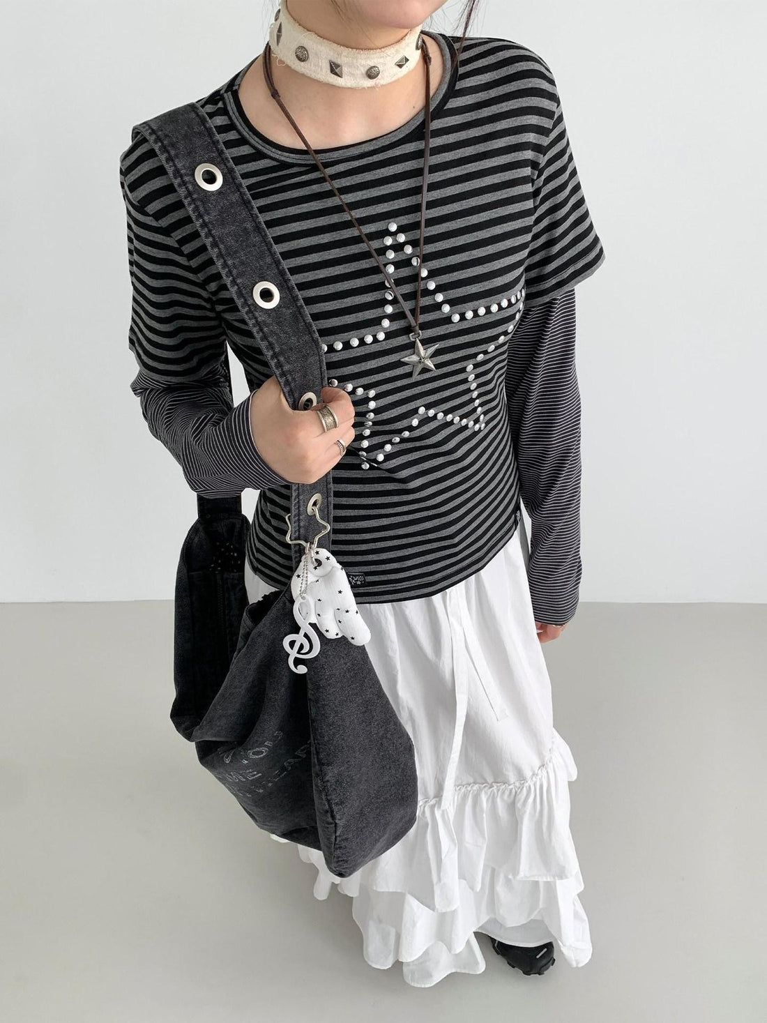 atrandom Black Grey Striped Star Sequin Hotfix Faux Layer Women&