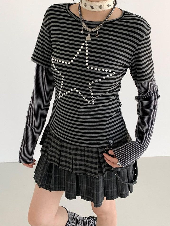 atrandom Black Grey Striped Star Sequin Hotfix Faux Layer Women&