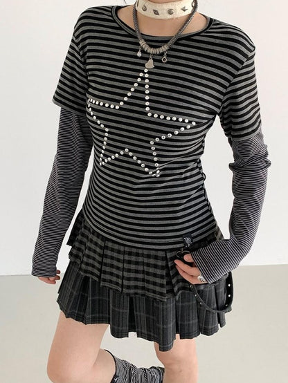 atrandom Black Grey Striped Star Sequin Hotfix Faux Layer Women&