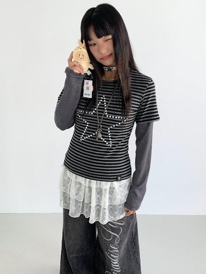 atrandom Black Grey Striped Star Sequin Hotfix Faux Layer Women&