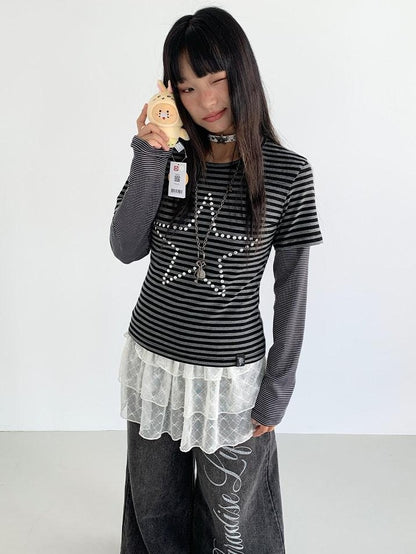 atrandom Black Grey Striped Star Sequin Hotfix Faux Layer Women&
