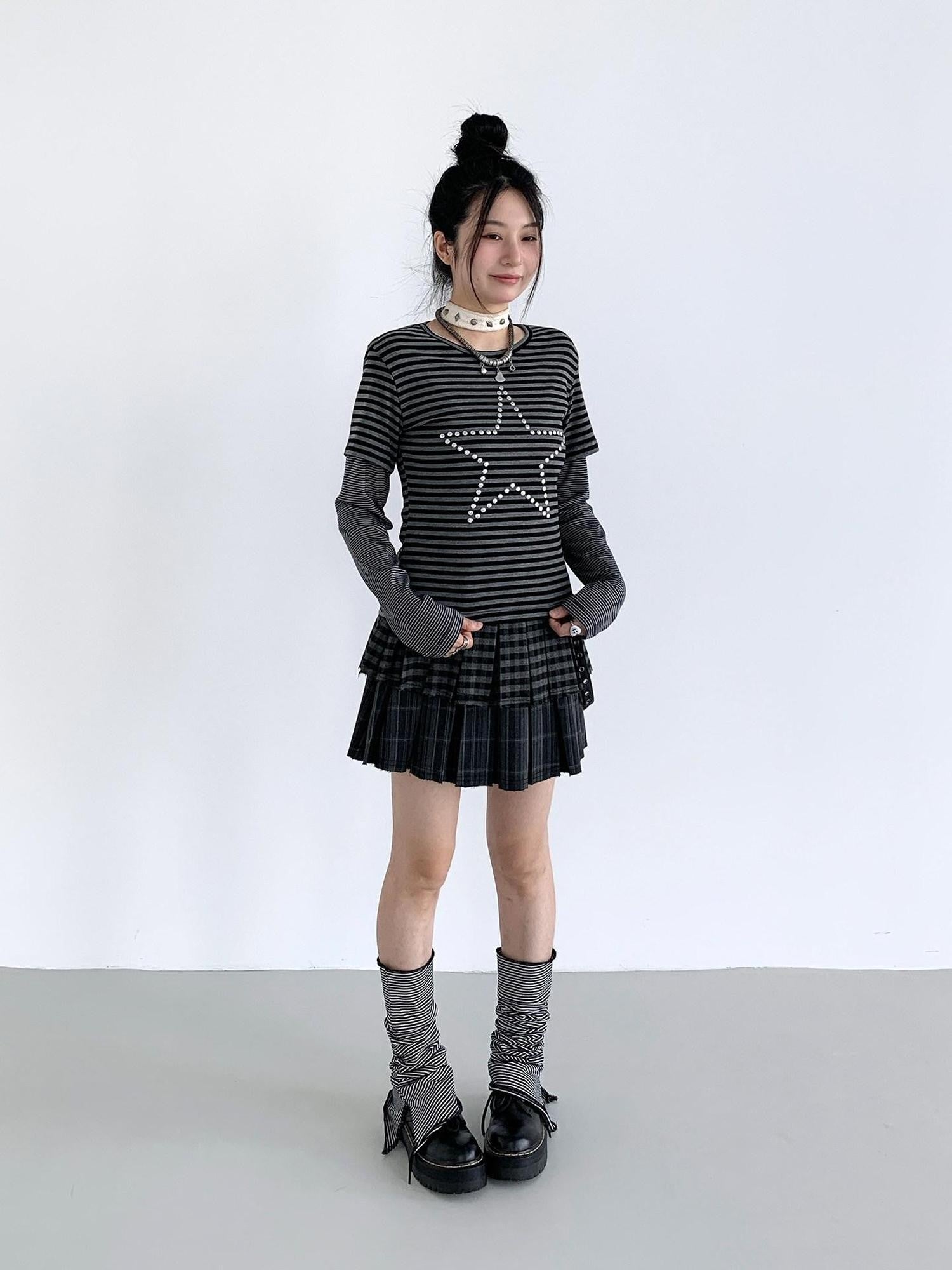 atrandom Black Grey Striped Star Sequin Hotfix Faux Layer Women&