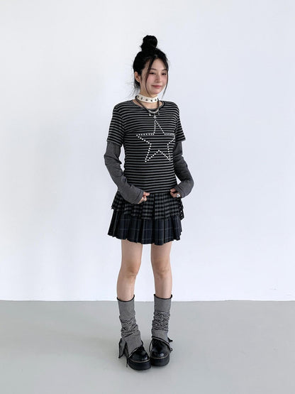 atrandom Black Grey Striped Star Sequin Hotfix Faux Layer Women&
