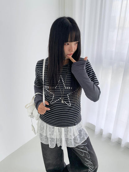 atrandom Black Grey Striped Star Sequin Hotfix Faux Layer Women&